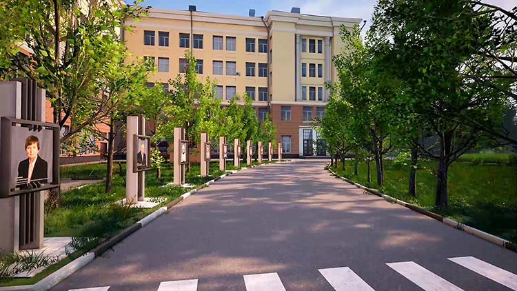 In front of the main building.