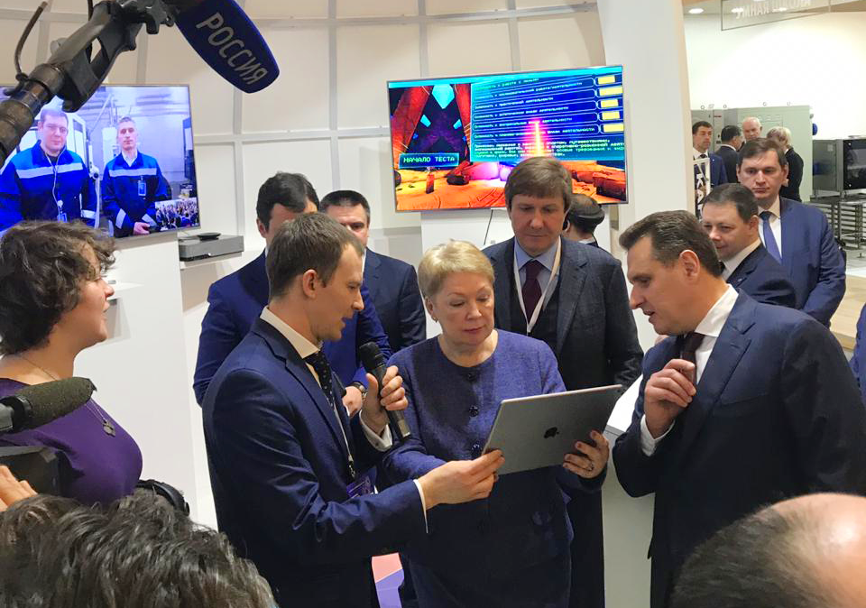 Olga Vasilyeva (Minister of Education of the Russian Federation) at our exhibition booth.