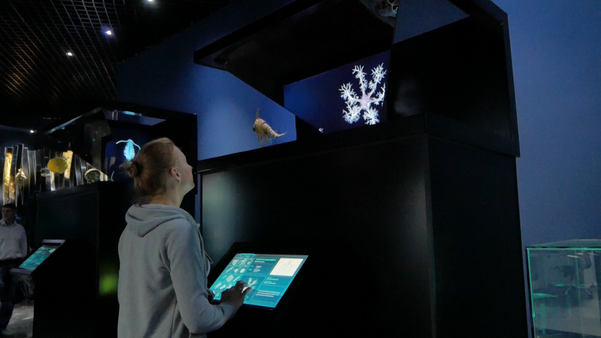 Primorsky Aquarium: Interactive holographic pyramids with different microorganisms.