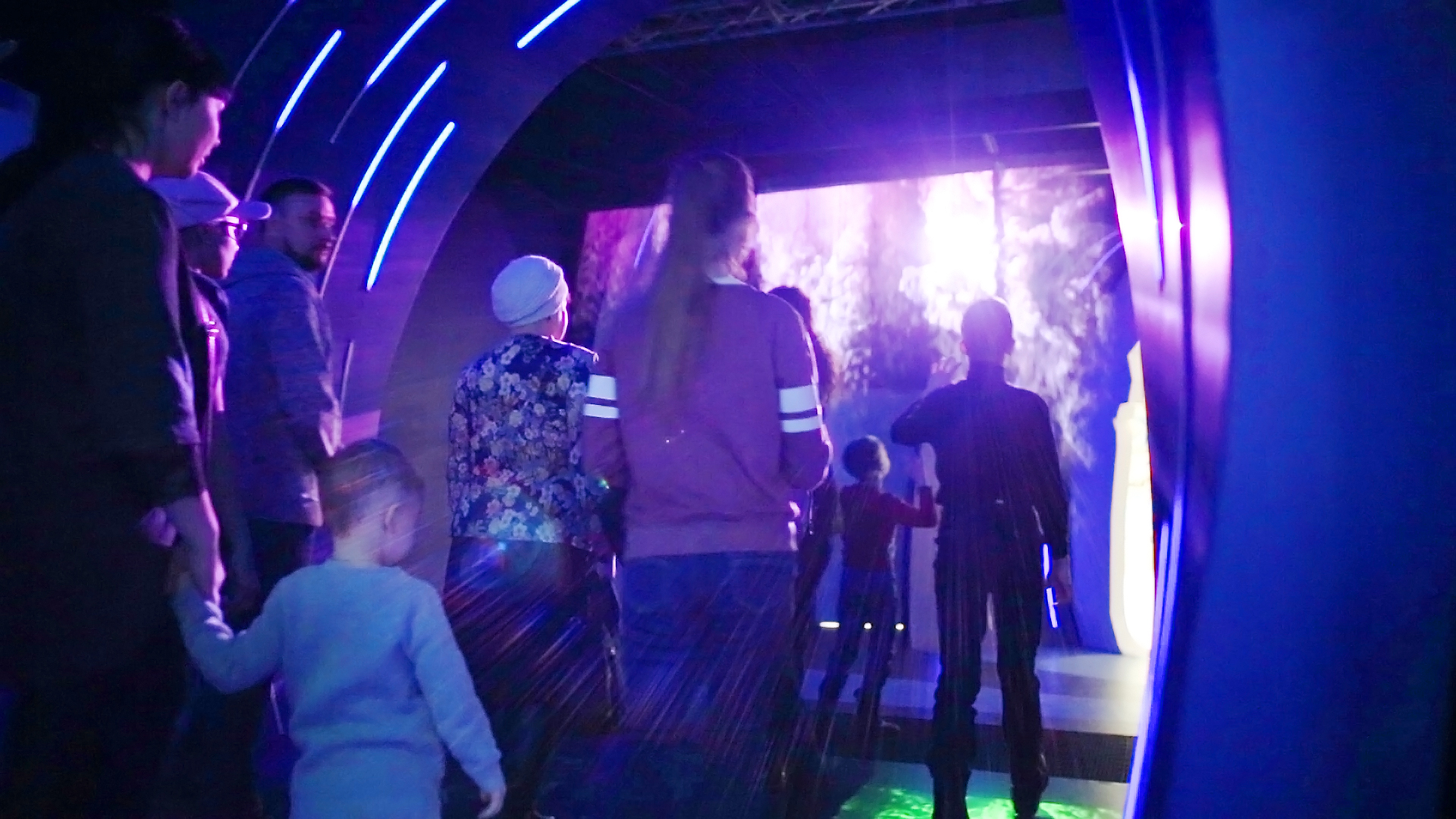 Primorsky Aquarium: Visitors are watching an animated film about the origin of life on the Earth on a large steam screen.