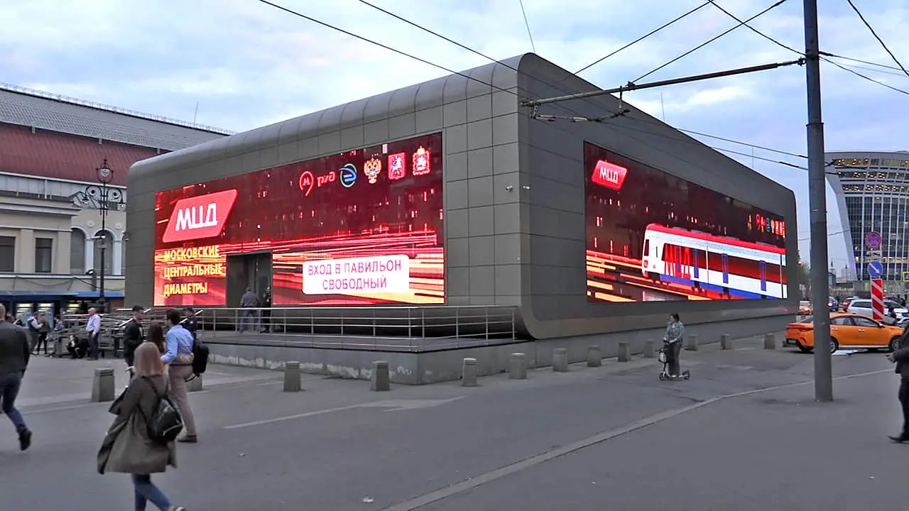 Vivid colors of the video are aimed at attracting attention of passers-by.