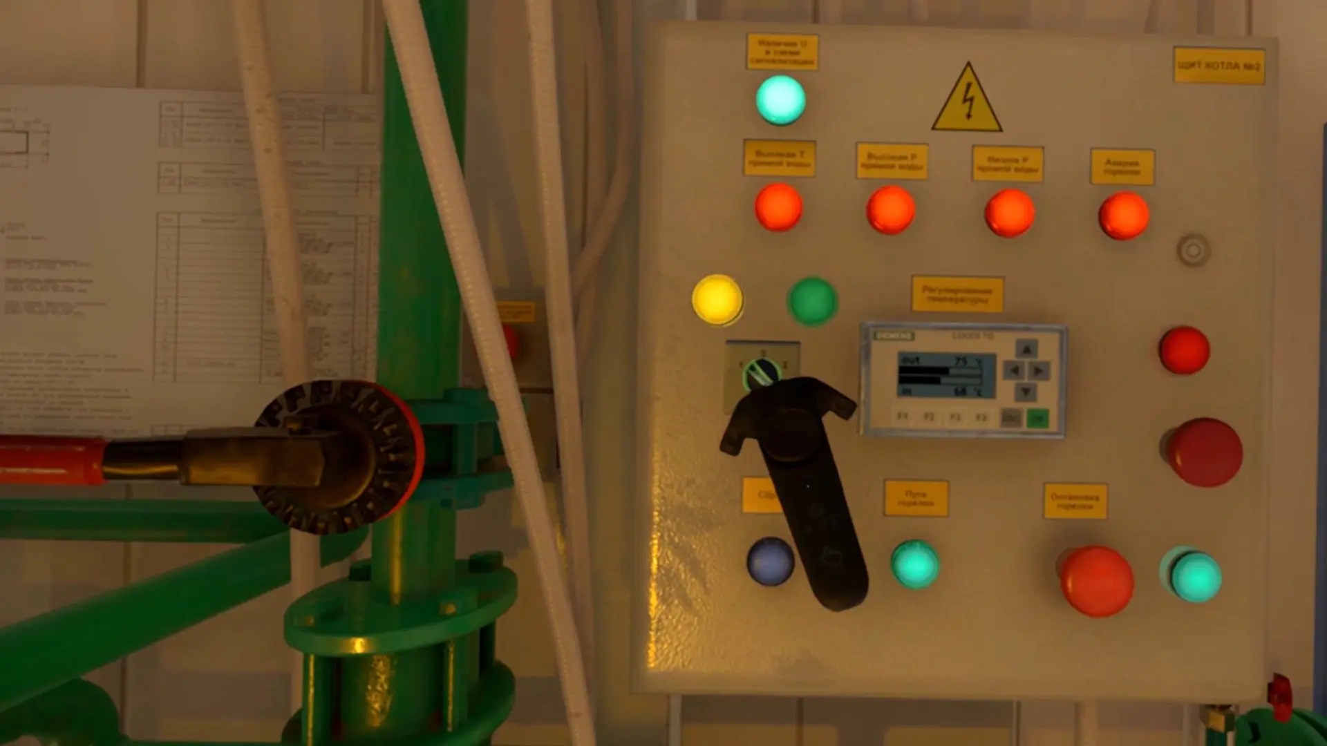 A trainee can interact with the simulator with virtual reality controllers.