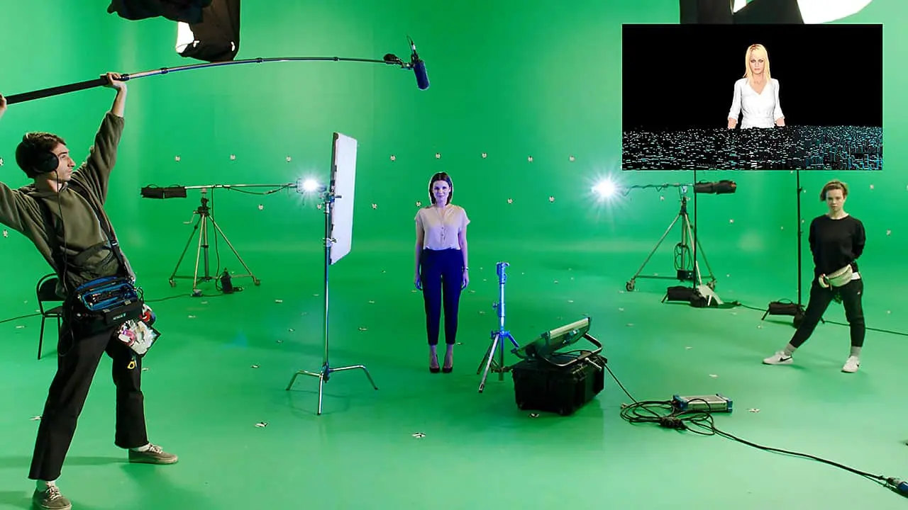 Backstage: shooting in a chroma key pavilion.